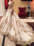 Two Piece Gold V Neck Tulle Long Sleevees Appliques Prom Dress LBQ2573