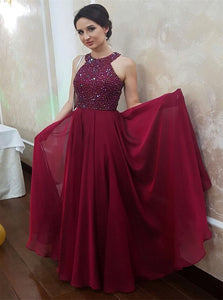 A Line Burgundy Halter Open Back Beaded Chiffon Prom Dresses