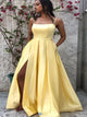 A Line Spaghetti Straps Satin Pockets Yellow Prom Dresses