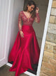 Mermaid Long Sleeves Red Lace Prom Dresses 