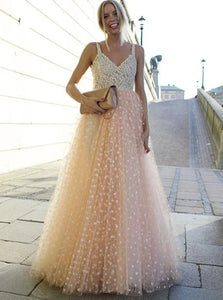 A Line Tulle Pink Lace Open Back Prom Dresses 