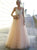 A Line Tulle Pink Lace Open Back Prom Dresses 
