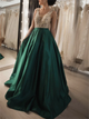 A Line V Neck Sequins Open Back Satin Prom Dresses