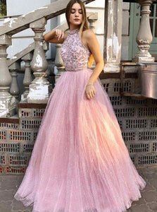 A Line Tulle Sweep Train Halter Open Back Sequins Prom Dresses