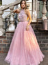 A Line Tulle Sweep Train Halter Open Back Sequins Prom Dresses LBQ2739