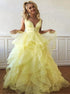 A Line V Neck Ruffles Organza Sweep Train Prom Dresses LBQ2304