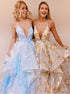 A Line Spaghetti Straps V Neck Ruffled Tulle Prom Dress LBQ2643