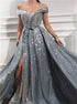 A Line Off the Shoulder Sparkling Satin Prom Dresses with Slit LBQ2604