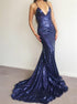 Mermaid Deep V Neck Spaghetti Straps Criss Cross Sequined Prom Dresses LBQ2226