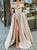 A Line Off the Shoulder Champagne High Slit Satin Prom Dresses