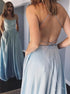 A Line Light Blue Spaghetti Straps Lace Up Floor Length Satin Prom Dresses with Slit LBQ1951