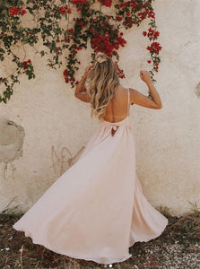 Sweep Train Pink Evening Dresses with Slit