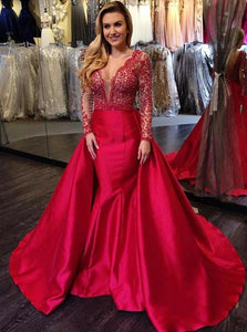 Mermaid Sweep Train Lace and Satin Prom Dresses with Appliques