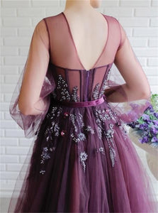 Sweep Train Purple Open Back Evening Dresses