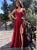 A Line Spaghetti Straps V Neck Split Criss Cross Red Satin Prom Dresses