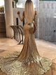 Long Sleeves Gold Sequins Mermaid Prom Dresses 