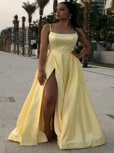 Sweep Train Yellow Evening Dresses with Slit