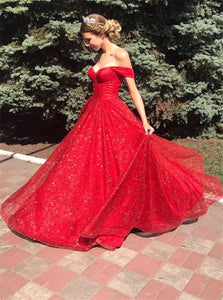 Sparkly Off Shoulder Red Sequins Prom Dresses