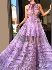 A Line Halter Lace Appliques Lilac Tulle Prom Dresses 