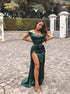 Green Mermaid Off The Shoulder Satin Prom Dresses with Slit LBQ3208