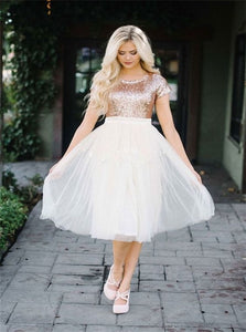 A Line Cap Sleeves Gold Short Tulle Prom Dresses