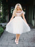 A Line Cap Sleeves Gold Short Tulle Prom Dress LBQ0911