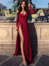 Burgundy Off the Shoulder Long Sleeves Prom Dress With Slit LBQ0615