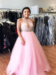 A Line Scoop Pink Lace Tulle Prom Dresses