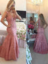 Mermaid V Neck Floor Length Tulle Appliques Open Back Prom Dress LBQ2860