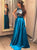 A Line Scoop Appliques Blue Satin Prom Dresses