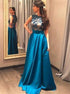 A Line Scoop Appliques Blue Satin Prom Dress LBQ2888