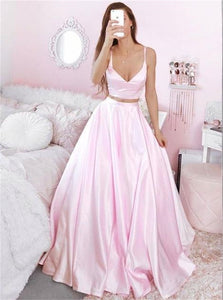 A Line V Neck Two Pieces Pink Satin Long Prom Dresses 
