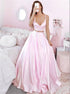 A Line V Neck Two Pieces Pink Satin Long Prom Dresses LBQ2523