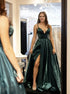 A Line V Neck Dark Green Satin Prom Dresses with Leg Slit LBQ2175