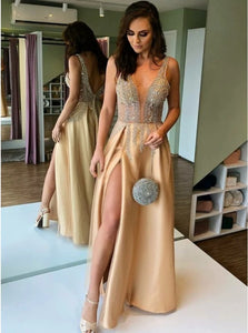 A Line V Neck Beadings Prom Dresses with Split
