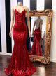 Red Sequin V Neck Spaghetti Straps Criss Cross Mermaid Prom Dresses