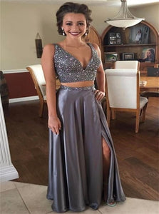 A Line Two Piece V Neck Beaded Silver Satin Prom Dresses with Slit 