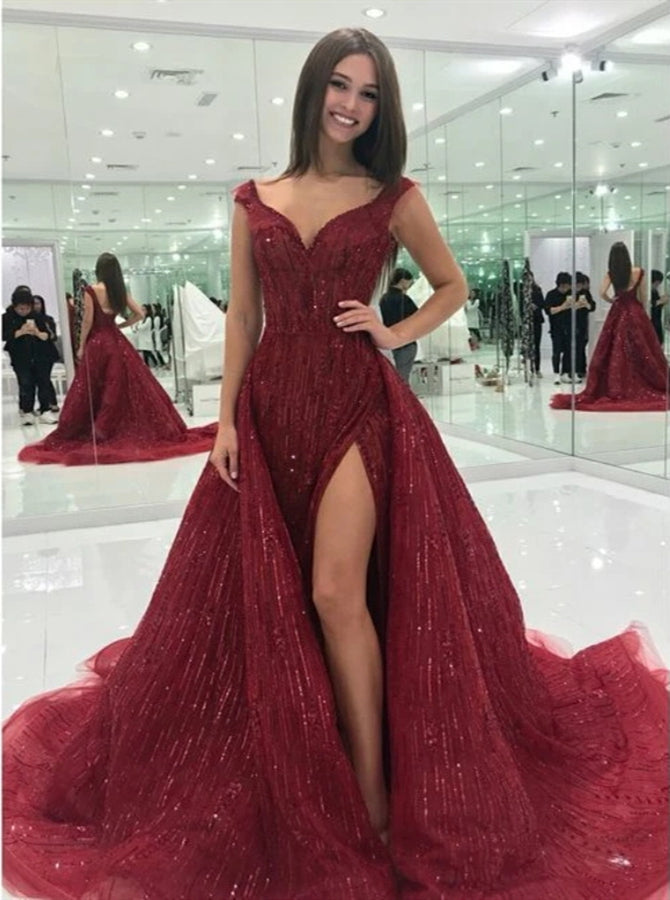 A Line V Neck Burgundy Tulle Prom Dress with Slit | Alinepromdress A Line V Neck Burgundy Tulle Prom Dress with Slit | Alinepromdress