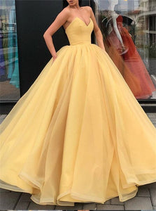 V Neck Yellow Organza Ball Gown Floor Length Prom Dresses