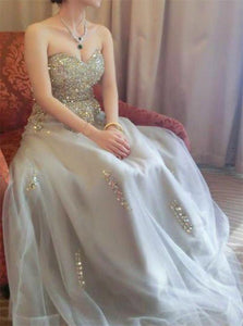 Sweetheart A Line Beadings Grey Floor Length Prom Dresses