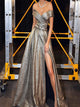 A Line Golden Sequins Prom Dresses with Sweep Train