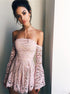 A Line Off the Shoulder Long Sleeves Short Blush Lace Prom Dress LBQ1778