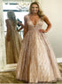 Sparkle A Line V Neck Tulle Champagne Open Back Prom Dress LBQ2013