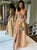 A Line V Neck Beadings Golden Open Back Prom Dresses with Split