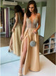 A Line V Neck Beadings Golden Open Back Prom Dresses with Split