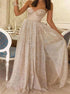 A Line Champagne Sweetheart Tulle Sequin Prom Dress with Slit LBQ2323