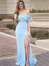 Mermaid Lace Off Shoulder Side Slit Blue Satin Prom Dresses LBQ2937