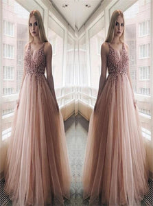 A Line V Neck Sequined Tulle Prom Dresses 