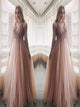 A Line V Neck Sequined Tulle Prom Dresses 