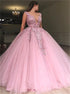 Pink Ball Gown Deep V Neck Sleeveless Applique Tulle Prom Dress LBQ1890